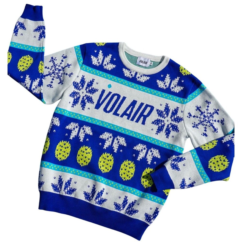 Volair pickleball Ugly Christmas Sweater size Large Blue Yellow Snowflake Knit